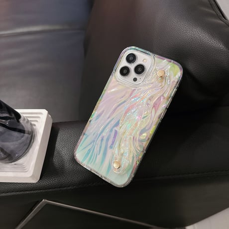 光るベルト付 iPhone15/15proケース 皺模様 iPhone14/13pro/12クリアケース スタンド かわいい シック[M3988]