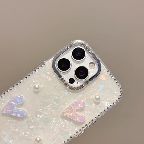 ハートデコ iPhone16pro/16カバー シェル柄 iPhone15pro/14promax/13ケース パール/ジュエリーデコ 上品 大人可愛い [M5314]