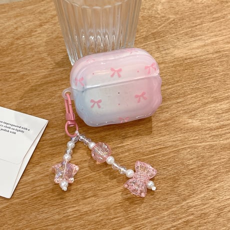 リボン柄 Airpods 4ケース グラデーションカラー ガーリーファッション Airpods3/2カバー Airpodspro2/pro リング/リボンキーチェーン うねうね[M4937]