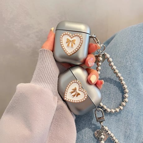 パープルリボン Airpods 4ケース エアーポッズ3/2 金属ビーズストラップ AirpodsPro2/1カバー エレガント めっちゃ可愛い[M4737]