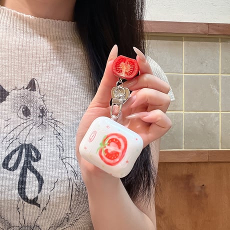 トマト AirpodsPro3ケース 美味しいそう Airpods4/3カバー AirpodsPro第2/1世代 キーホルダー付 かわいい[M6525]