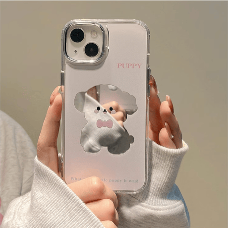 鏡 iPhone15/15Proケース 犬ちゃん ピンク iPhone14Pro/13/12カバー かわいい ト便利 ギフトにおすすめ [M3804]