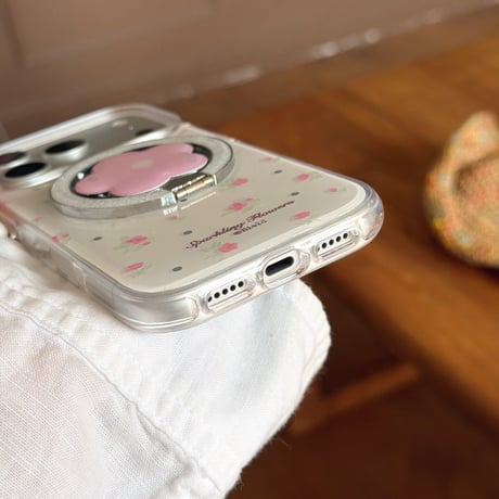 花リングスタンド iPhone17/17Proケース MagSafe対応 iPhone16Pro/15/14ケース 可愛い便利 甘めコーデ [M6423]