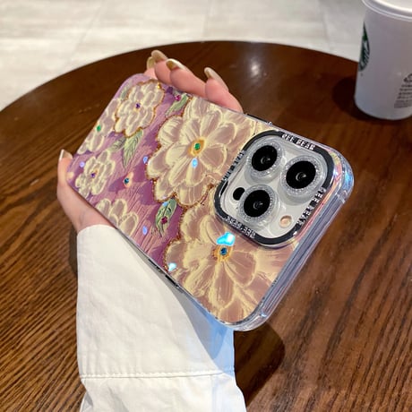 花柄 iPhone15/15Plusケース 光る油絵 綺麗 iPhone14/13proカバー ガールファッション 頑丈 かわいい 耐久性 [M3543]