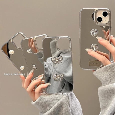 おしゃれミラーiPhone15/15proケース 女子力アップ iPhone14pro/13/12カバー 可愛い ハンドメイド 丈夫[M4186]