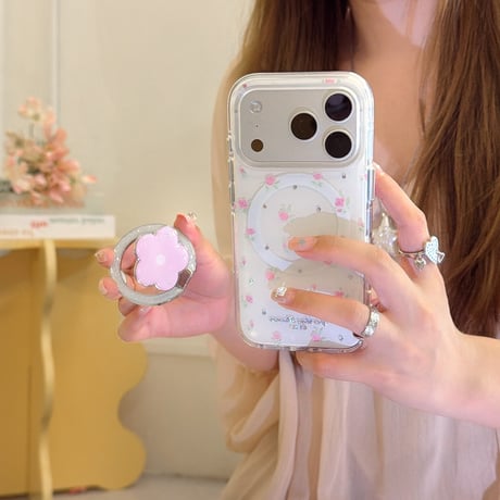 花リングスタンド iPhone17/17Proケース MagSafe対応 iPhone16Pro/15/14ケース 可愛い便利 甘めコーデ [M6423]