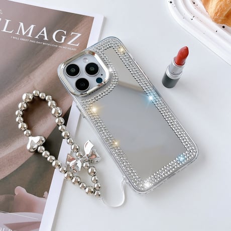 ジュエリー 鏡 iPhone15/15proケース ハンドメイド iPhone14pro/13/12カバー リボン/ハートストラップ付 豪華 M4152]