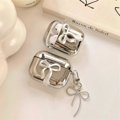 リボン Airpods 4ケース 艶感メッキ Airpodspro2/proカバー  Airpods第3/2世代 キーホルダー付  可愛い[M5048]