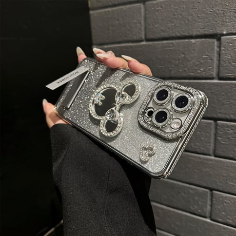 鏡付き iPhone16/16proケース スタンド付 iPhone15plus/14/13promaxカバー ジュエリーデコ 美しい かわいい [M5382]