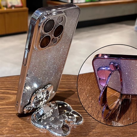 鏡付兎スタンド iPhone15/16proケース キラキラ iPhoneSE第3世代/14/13Proカバー 多機能便利 カメラ保護 [M3527]
