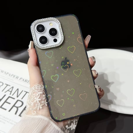 光るハート柄 iPhone15Pro/15Plusケース 女子力アップ iPhone14/13Pro/12カバー 綺麗 夏ファッション[M4439]