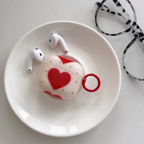 レッドハート柄 Airpods Pro3ケース 水玉模様 Airpods 4/3カバーケース AirpodsPro2/1 リング付き ギフトにおすすめ[M6144]