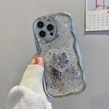 グリッター うねうね iPhone15pro/15promaxケース リボングリップ付き iPhone14pro/13promaxケース シルバー高級感 [M4262]