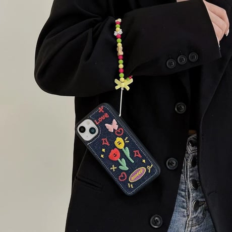 デニム 草花柄 アイフォン14plus/14proケース  刺繡  iphone13/12/11カバー  高品質  高級感 ガールズに人気 [M2248]