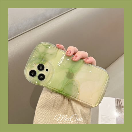 抹茶グリーン暈し染め iPhone13/14カバー Happy高級感 iphone12pro/11ケース  可愛い 透明感 頑丈 波紋枠 落下防止 [M2881]