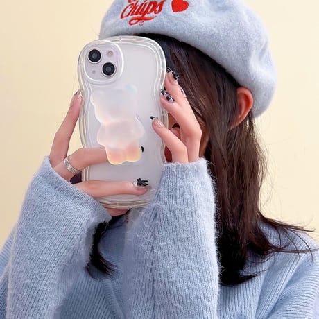 【iPhone15対応】クマさんスタンド iphone14/13proケース  クリアiphone12/11カバー 波紋枠 高級感 可愛い 実用[M2215]