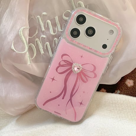 ピンクハートダイヤ iPhone17Pro/17ケース リボン柄 iPhone17Promax/16Pro/15ケース キラキラ かわいい[M6141]