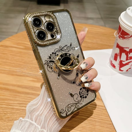 ジュエリー リング付 iPhone15/15proケース  薔薇柄  キラキラiphone13/12/14proカバー きれい 高機能 [M3846]