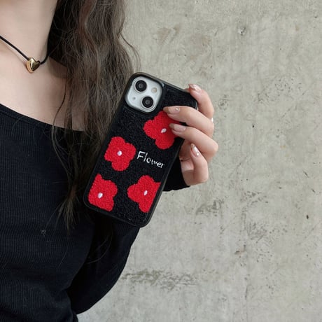 レッド花柄 iphone16/16proケース  刺繡入り iphone15pro/14/13/12カバー 秋冬人気アイテム シック[M3601]