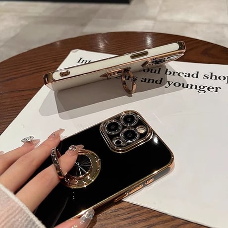 リング付 iPhone15/15plus/15proケース メッキ スタンド機能 iPhone14/13/12proカバー 光沢感 耐久性[M3558]