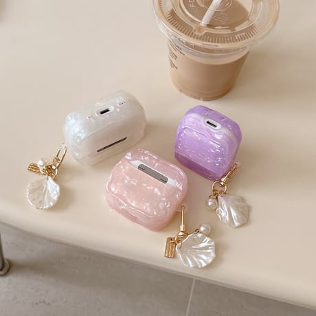 シェル柄 Airpods 4ケース 淡色系 貝殻キーチェーン Airpods3/Pro2ケース airpodsproカバー 大人可愛い トレンド人気[M5166]
