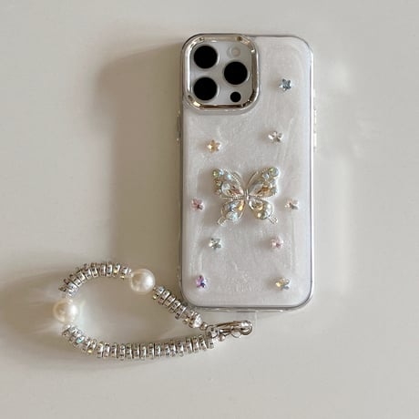 ダイヤ蝶 iPhone16pro/16plusケース パールストラップ iPhone15pro/14/13promaxケース 豪華 おしゃれ ギフトにおすすめ [M4992]