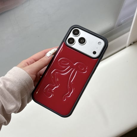 リボン iPhone18Pro/17Proケース レザー レッド/ブラック iPhone17/16Pro/15/14ケース 光沢感 可愛い エレガント[M6650]