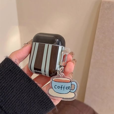 Airpods 4ケース 縞模様 コーヒーチャーム付 AirpodsPro2/Pro1カバー  エアポッズ3/2 シック インスタ人気[M4705]