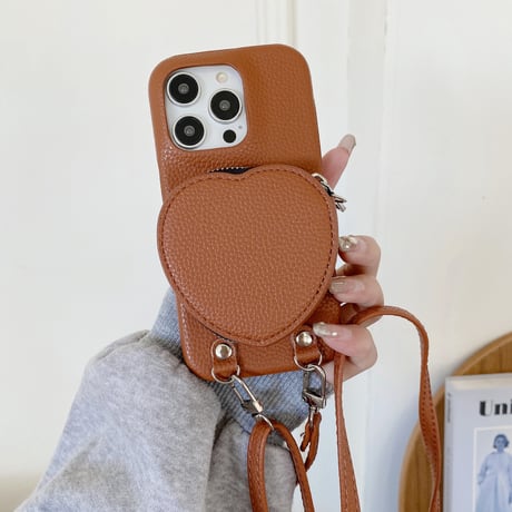 ハート小銭入れ iPhone15/15proケース ショルダーストラップ付 アイフォン14pro/13mini/12/11カバー レザー 高品質 超便利[M3709]