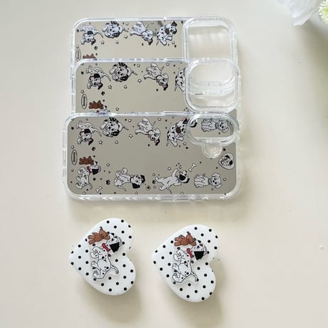 ダルメシアン 鏡付 iPhone17pro/17ケース グリップ付き iPhone16/15promax/14ケース かわいい 多機能便利[M6217]