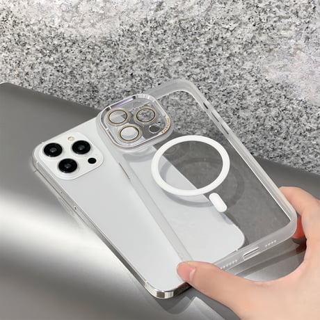 黄ばまないMagSafe iPhone15pro/15promaxケース ガラスレンズフィルム付 iPhone14Pro/13proケース  シンプル高級感 金属ボタン [M3824]