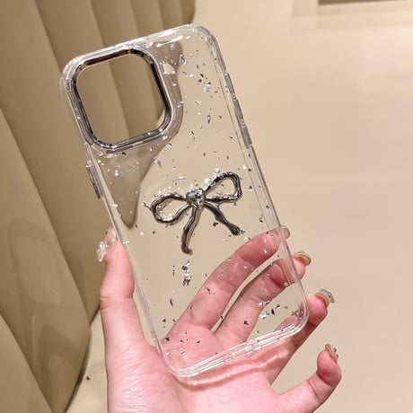ハートダイヤリボン アイフォン16Pro/16ケース グリッター入り iPhone15Pro/14/13proカバー リボンストラップ 上品 エレガント [M5278]