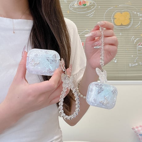 チョウ柄 Airpods4ケース シェル調 AirpodsPro2ケース airpods3/2ケース ストラップ付 ギフトにおすすめ[M5496]