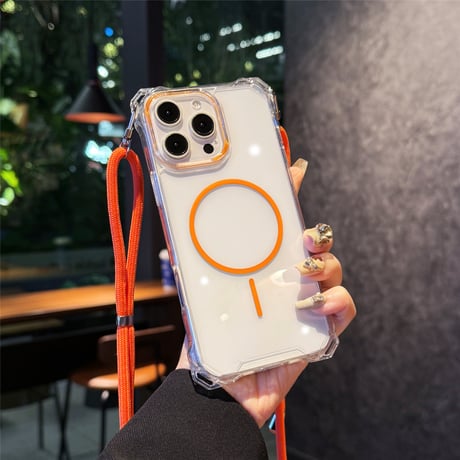 ロングストラップ iPhone16Pro/16eケース 四角耐衝撃 MagSafe対応 iPhone15promax/14plus/13クリアケース 黄ばまない [M5406]