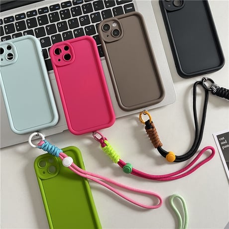 ストラップ付 無地iPhone15/14ケース シンプル風 アイフォン13/12/11proカバー 落下防止 紐取り外し可[M3414]