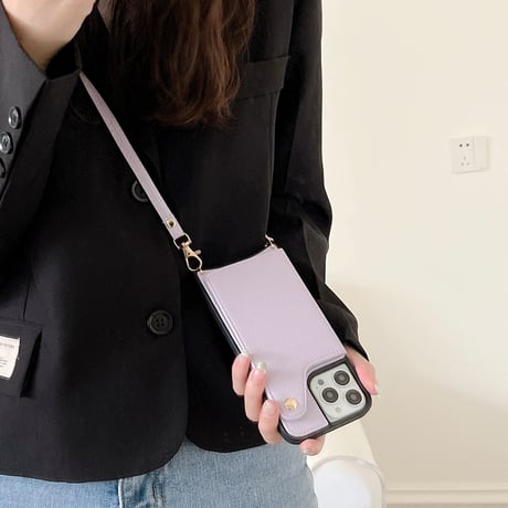 カード入れ2個 ミラー付iphone14/13proケース レザー製 アイフォン12mini/11カバー 長いストラップ付 スタンド機能あり[M2146]
