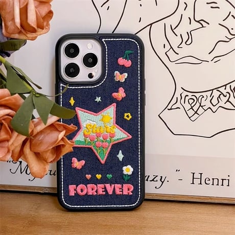 刺繡入りデニム iPhone14/15proケース  花柄ハート/星 iPhone13/12proカバー 女子力アップ[M3501]