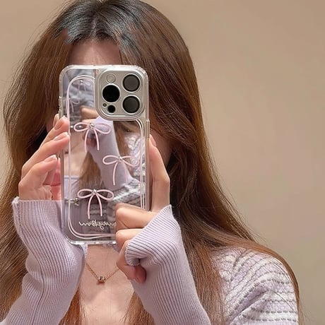 鏡付 リボン iPhone15/15proケース 女子力アップ iPhone14promax/13pro/12ケース パープルカラー 可愛い[M4287]
