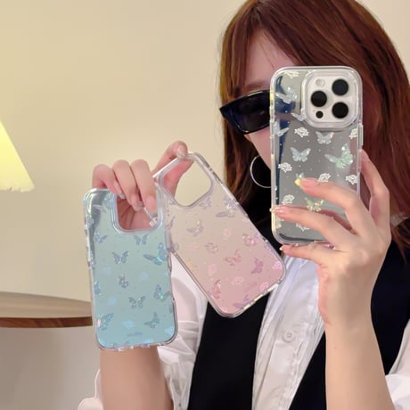 鏡付き蝶々 iPhone16pro/16ケース キラキラ 艶感 iPhone15promax/14/13proカバー 夏コーデにおすすめ [M5307]