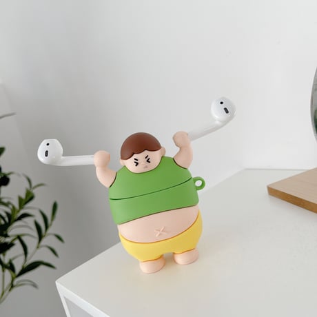でぶちゃん airpodsケース ウエイトリフティング airpodsproカバー  面白い キーリング付  頑丈ソフトケースM503