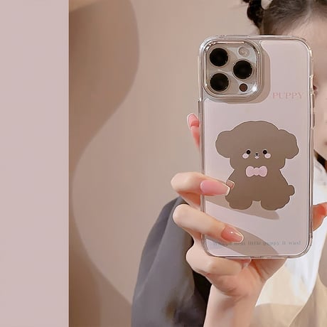 鏡 iPhone15/15Proケース 犬ちゃん ピンク iPhone14Pro/13/12カバー かわいい ト便利 ギフトにおすすめ [M3804]