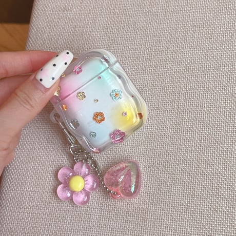 ラメ花 Airpods Pro3ケース 花/ハートキーホルダー Airpods4/3カバー pro2/pro1 うねうね ギフトにおすすめ[M6414]