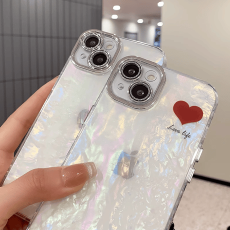 シェル風 iPhone16/14/15proカバー ハート柄 キラキラレンズフィルム付 オシャレ 綺麗 女子力アップ お揃い [M3520]