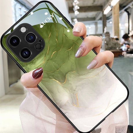 大理石調ガラスiPhone14/13proケース グリーン/ブラウン iPhone12/11proカバー  トレンド 涼しい感じ 夏に人気 男女兼用[M3176]