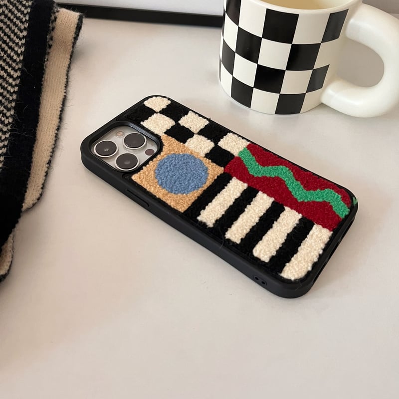 インスタ映え刺繡入り iphone15/14proケース チェック柄縞模様 