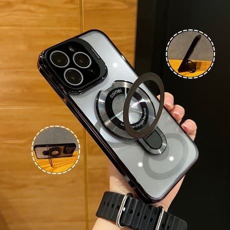ダブルスタンド付 iPhone17pro/17promaxケース カメラカバー アイフォン17/16pro/15カバー MagSafe対応 高透明 メッキ[M5841]