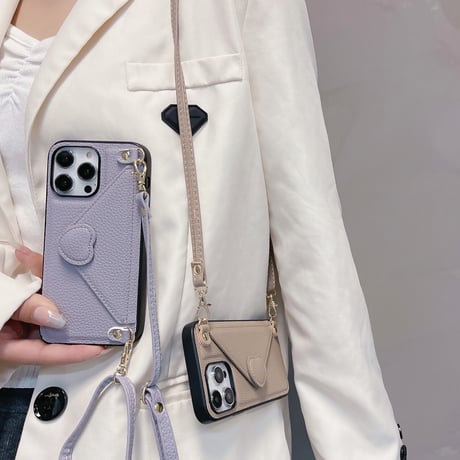 交通カード入れ iPhone15/14ケース ハート型留め レザー製 iPhone13pro/12/11proケース 肩掛けストラップ付 シック エレガント[M3346]