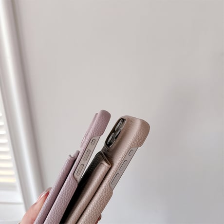 ICカード収納 iPhone15pro/15カバー パールストラップ/革ショルダー付 アイフォンSE/14pro/13プロケース 高品質便利 [M4325]