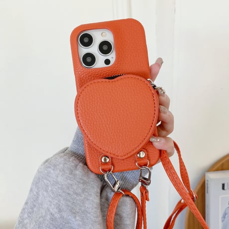 ハート小銭入れ iPhone15/15proケース ショルダーストラップ付 アイフォン14pro/13mini/12/11カバー レザー 高品質 超便利[M3709]