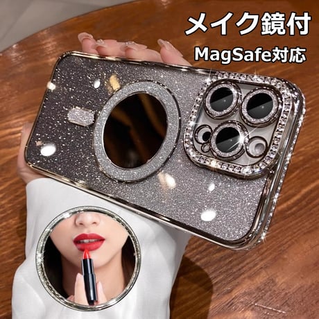 メイク鏡 iPhone16/16Proケース  ダイヤデコ MagSafe対応 iPhone15/14Pro/13カバー 大人可愛い カメラ保護[M4700]